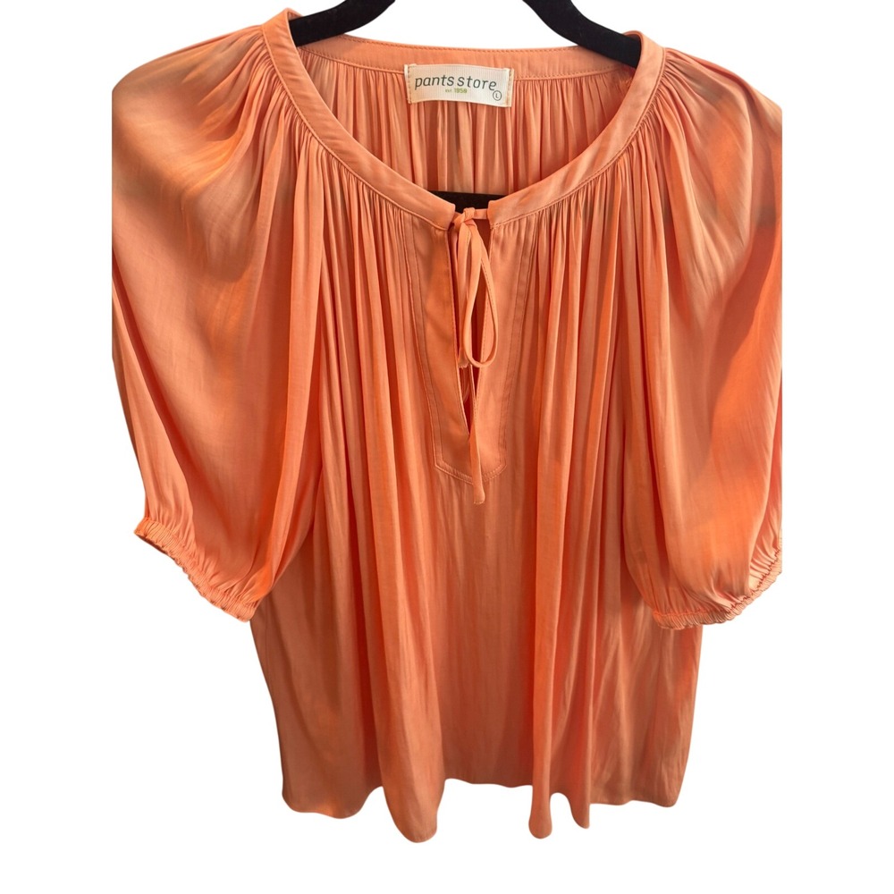 Pants Store Peach Orange Pleated Puff Sleeve Tie Neck Peasant Blouse Large